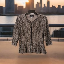 Alex Evenings Women XL Zip Front 3/4 Sleeve Lace Jacket Black Silver 79283