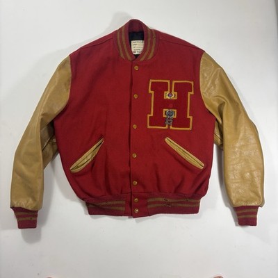 Vintage DeLong Letterman Varsity Jacket Leather & Wool 44 Distressed Red Gold H