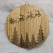 5" Christmas Handmade Wood Laser Holiday Plaque Sign Santa w/ Reindeer NEW Gift