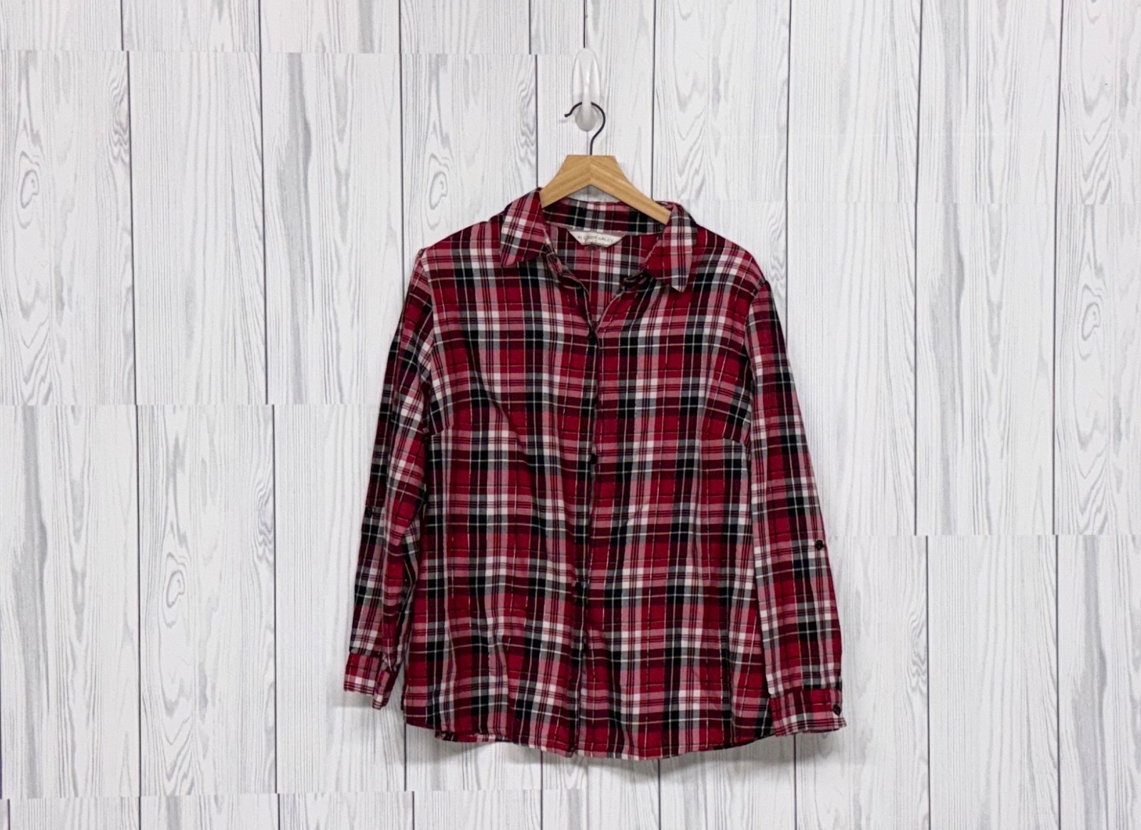 Allison Daley top womens size 16 button up long sleeve plaid patterned red shirt