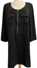 Just Fab Dress XXL Black Front Zipper Pockets Roll Tab Sleeves Knee Length
