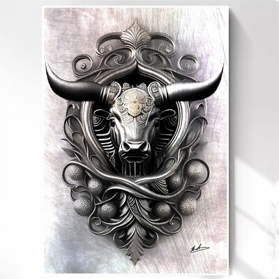 Stier Leinwand Bild Stierkopf 3D Silber Abstrakt Wandbilder XXL Wohnzimmer 4737A