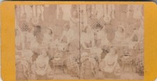 1900'S STEREO VINTAGE PHOTOGRAPH - LAUNDRY - GIRLS WASHING CLOTHES