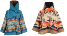 Kelly Reilly Beth Yellowstone Dutton Geometric Blue Hooded Woolen Coat Poncho