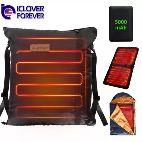 Electric Heating Pad Sleeping Bag Camping Heated Blanket Liner w/ Battery Winter