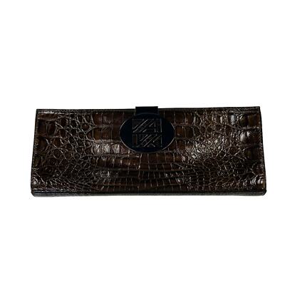 Anne Klein Brown Glossy Croc Embossed Magnetic Clasp Clutch Bag