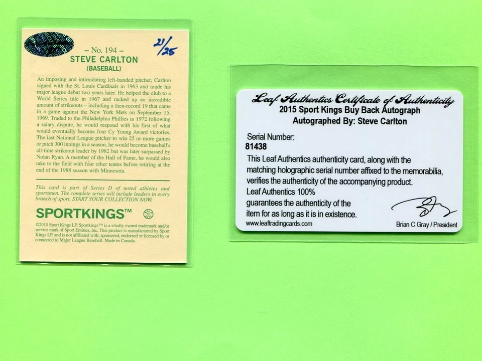 Tarjeta de autógrafo #21/25 de Steve Carlton Phillies 2015 Leaf Sports Kings recompra Foto 2 de 4