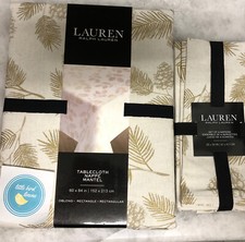 5 pc Ralph Lauren Tablecloth 60 x 84 4 Napkins Gold Pinecones Fac Folded New