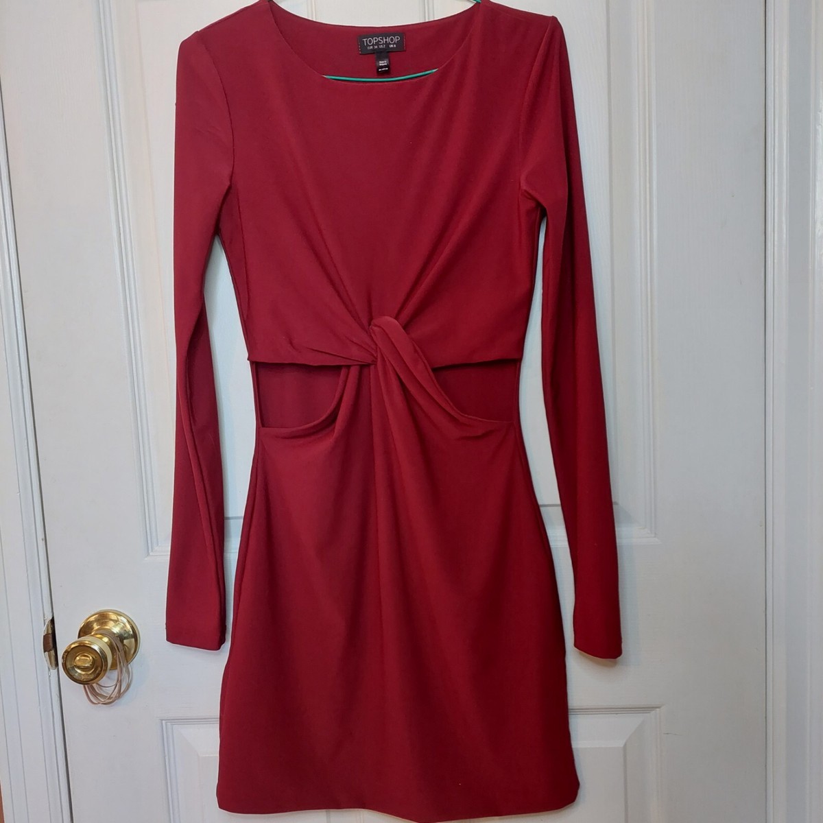 Topshop Red Peekaboo Cut Out Knotted Long Sleeve Mini Fitted Casual Dress  Size 2 | eBay