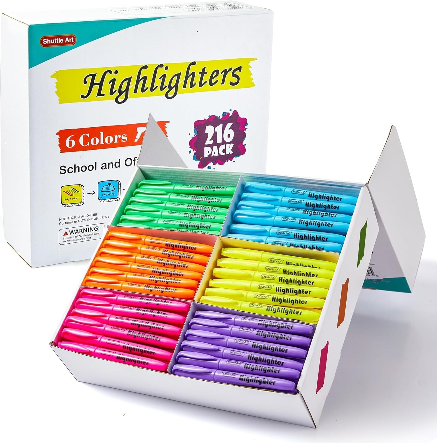216 Pack Bulk Highlighters - Assorted Colors Set with Non-Toxic Quick-Dry Ink-image