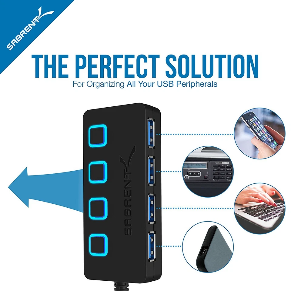 USB Sabrent 4 Port 0 Hub 3 HB Power 2 Switches Individual and LEDs Aluminum Mini - Image 3 of 4