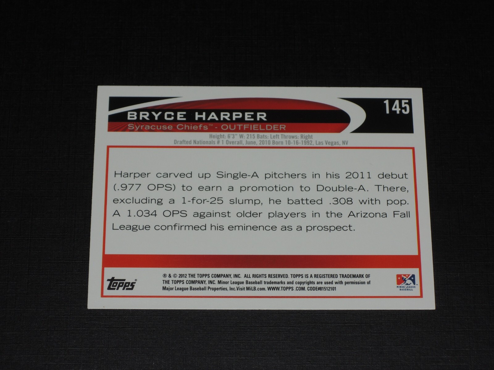 BRYCE HARPER RC 2012 TOPPS PRO DEBUT 145 ROOKIE
