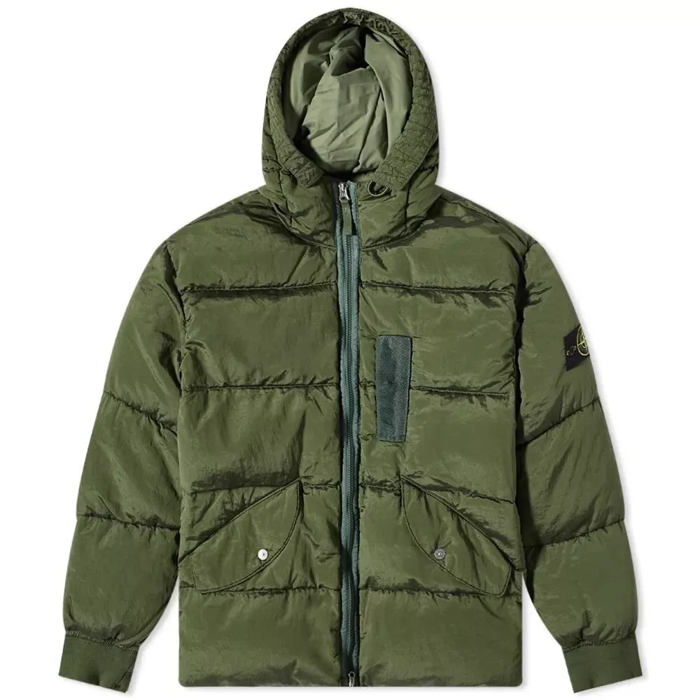 STONE ISLAND NYLON METAL HOODED DOWN JACKET OLIVE Size M