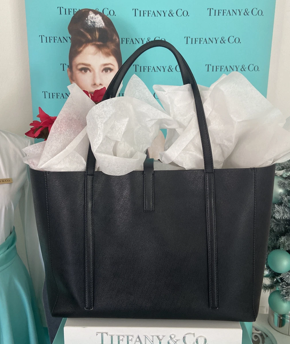 Tiffany&Co Black Tote Purse Grain Leather Handbag Lg 11”x19”x6” Stunning!