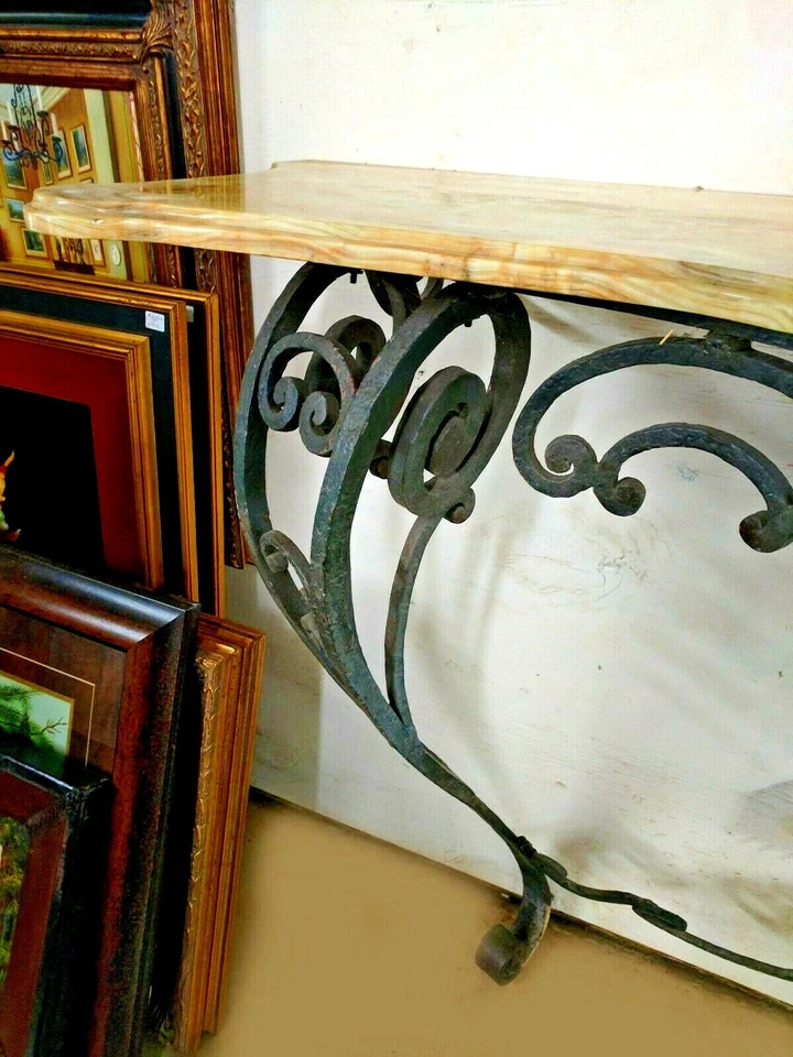 Antigua consola francesa de hierro desplazado estilo rococó W61" mármol ónix se fija a la pared Foto 3 de 4