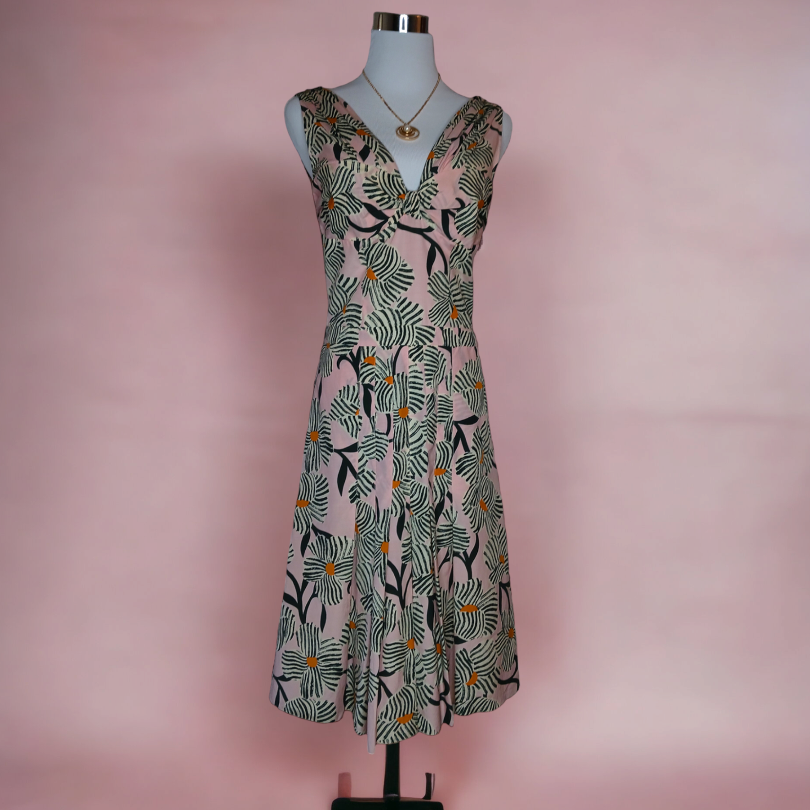 MOSCHINO CC Pleated Midi Dress Size 8 Cotton Silk Blend Pink Green Floral