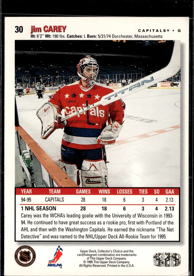 1995-96 Collector's Choice #30 Jim Carey Player's Club - Image 2 of 2