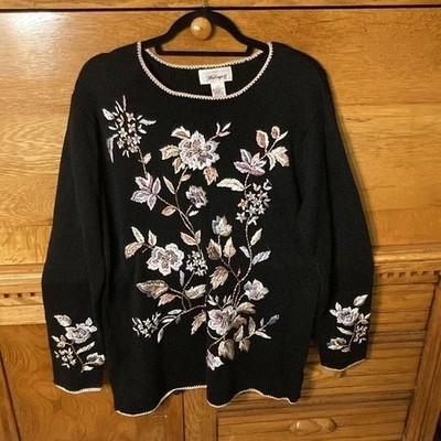 Worthington Vintage 90s Floral Embroidered Beaded Sweater Ramie Cotton Large
