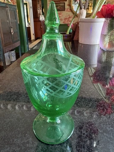 Uranium Glass Green Depression Candy Jar