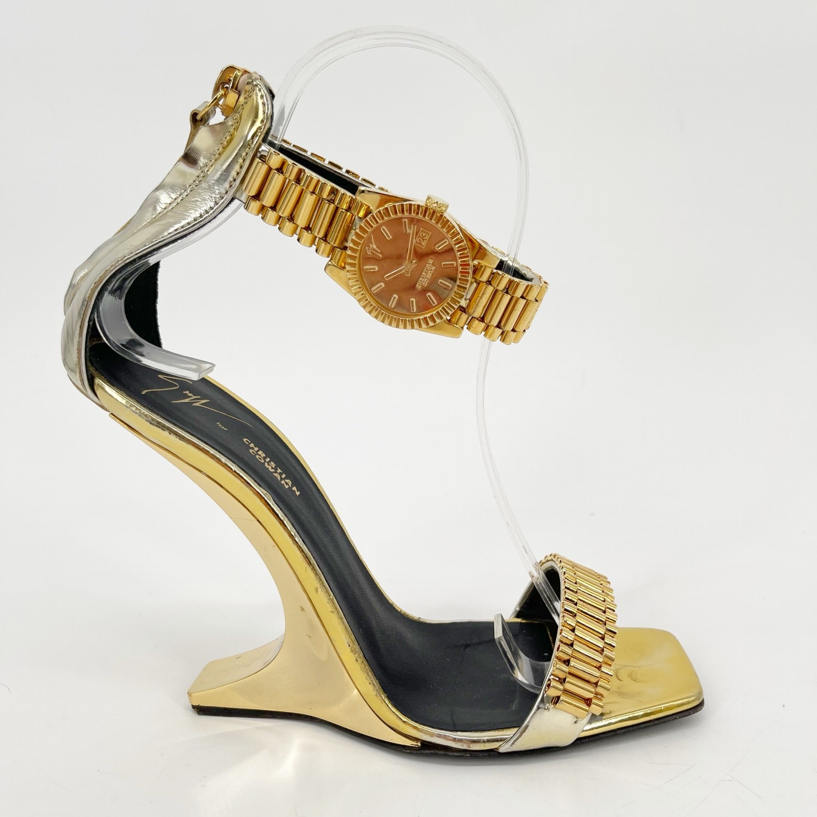 Giuseppe Zanotti for Christian Cowan Gold Watch Buckle Wedge Sandals IT 37.5