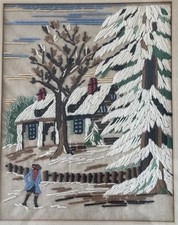 Antique 1920s Framed Crewel Embroidery Winter Cabin Landscape 17” X 14”