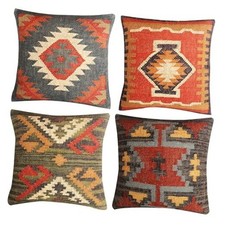 Set of 4 Wool Jute Vintage Kilim Cushion Covers,Home Decor Multicolor-5 