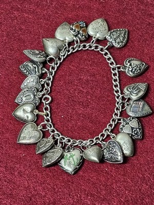 Vintage Puffy Heart (21) Charm Bracelet Sterling 37g 1 Clasp Broke & 1 brass