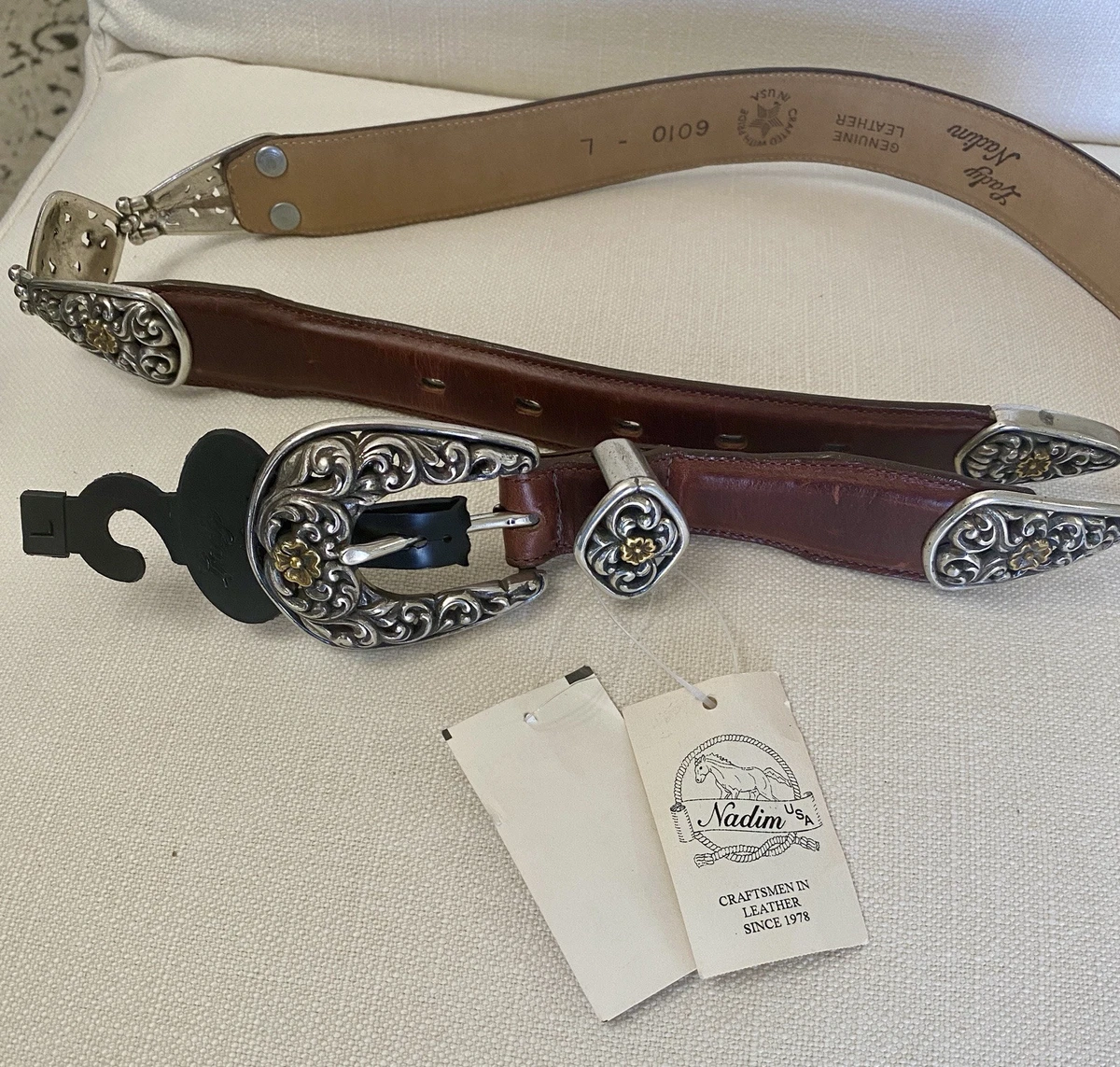 Vintage Bruce Cabot 96’ Silver Heart Buckle Braided Black Leather Belt -Necklace Known as Freckles, Warren G. Brown won the world bull riding  main image 4