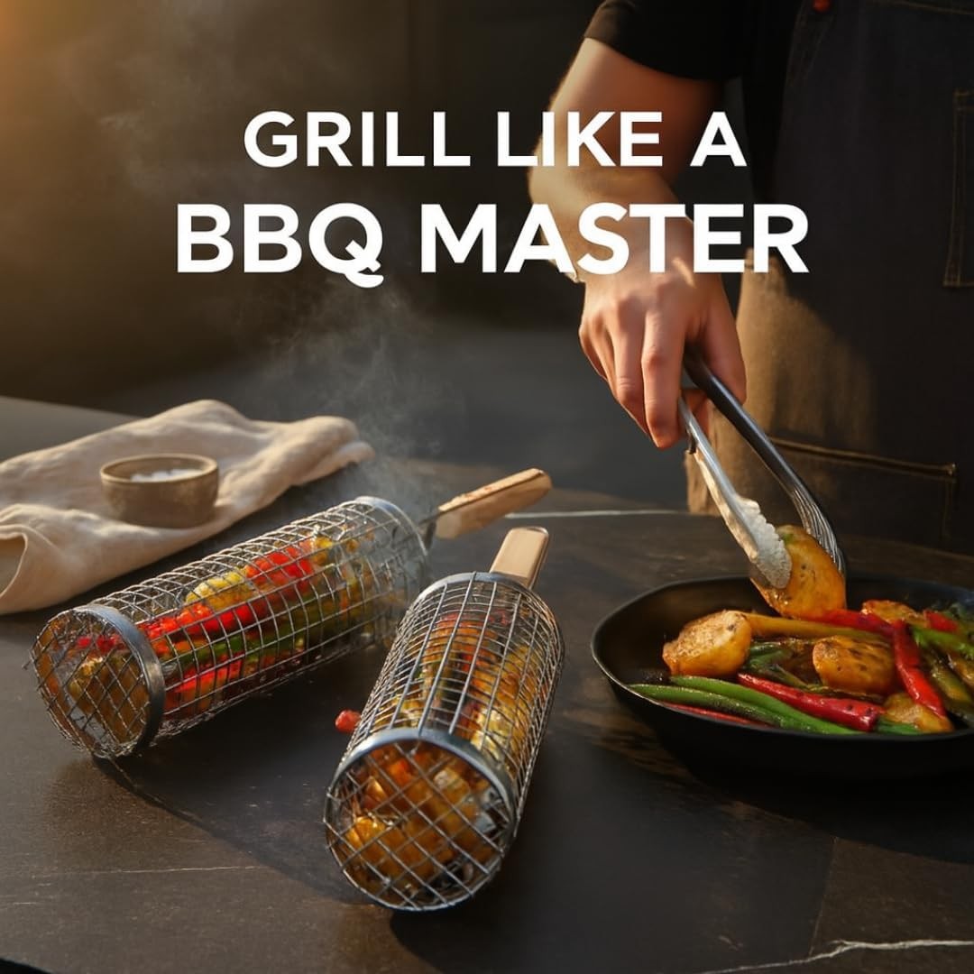 Grill Well 2.0 - Rolling Grill Basket (2 Pcs) for Vegetables, Kebob, Shrimp | BB