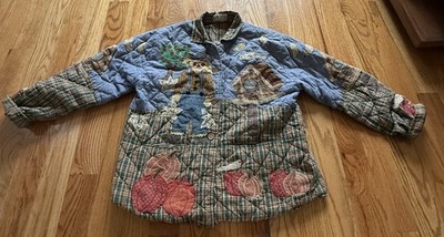 Vintage Patch Magic Autumn Fall Scarecrow Quilted Jacket M Reversible Patchwork
