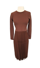 UNIQLO Combination Dress Fit & Flare Pleated Satin Brown Size XS Long Sleeve
