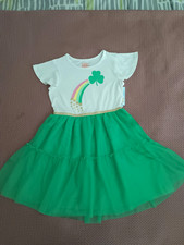 Cat & Jack Girls Fit & Flare Tulle Dress Green/White Rainbow Shamrock 10-12