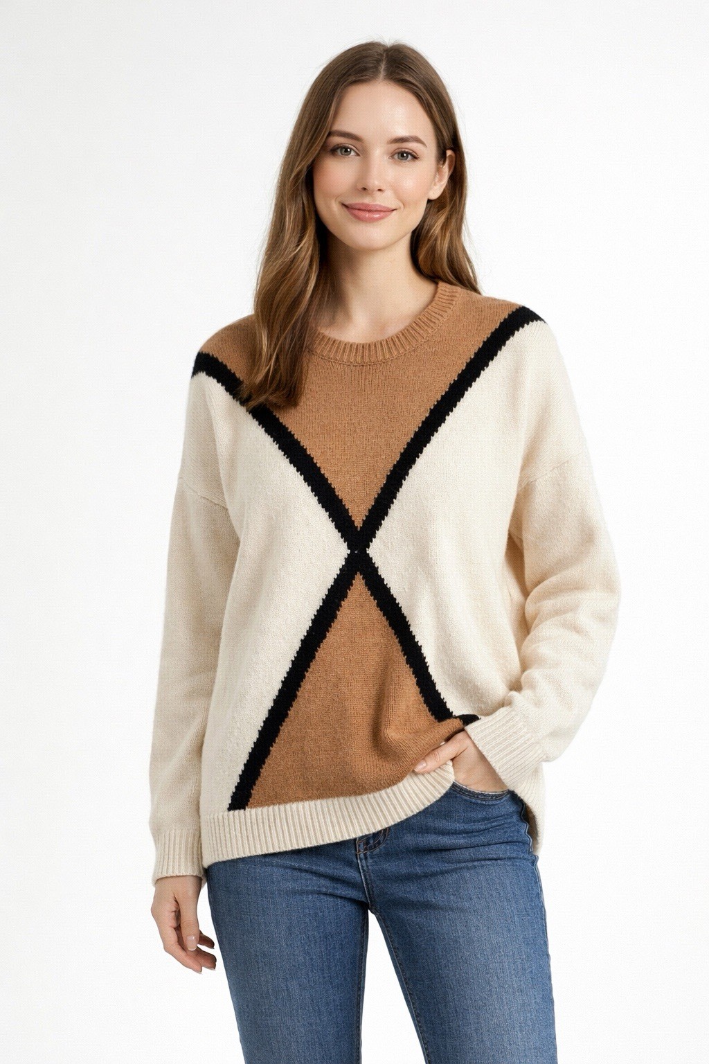 Andree By Unit Womens Colorblock Knit Cream Tan Crewneck Sweater, Size Small