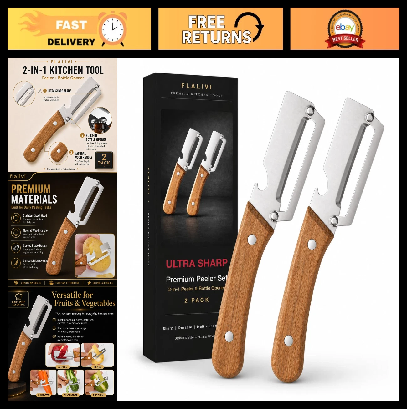 Multifunctional 2-in-1 Vegetable Peeler & Bottle Opener, Wooden Handle, Stainles