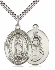 Medalla Nuestra Señora de Guadalupe en peltre fino de 1", cadena de broche de placa de rodio de 24"