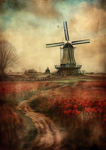 Scenic Windmill Watercolor Print - Tulip Field Landscape Art 5x7 - Picture 3 of 8