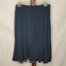 George Vintage L 12-14 skirt navy w white polka dots stretch side zip ruffle