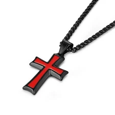 HZMAN Mens Stainless Steel Cross Pendant Necklace with Wheat Chain (Black & Red)