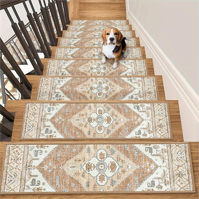 Non-Slip Stair Treads 15 Pack - Washable Self-Adhesive Carpet for Safety (Taupe)