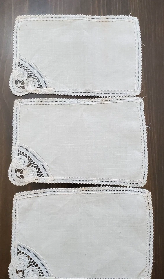 Antique Cloth Cocktail Napkins 3 Cream Battenburg Lace Corner 7.5x5" Cutwork - Image 2 of 4
