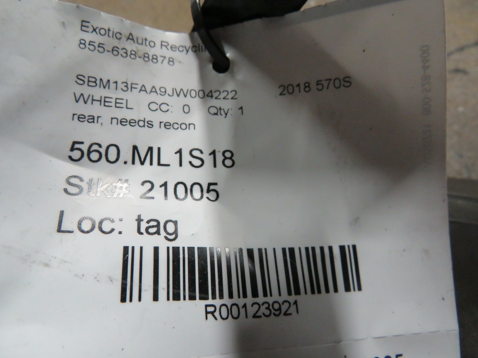  McLaren 570S, Rear Wheel, Used, Curb Rash, Fire Dmg