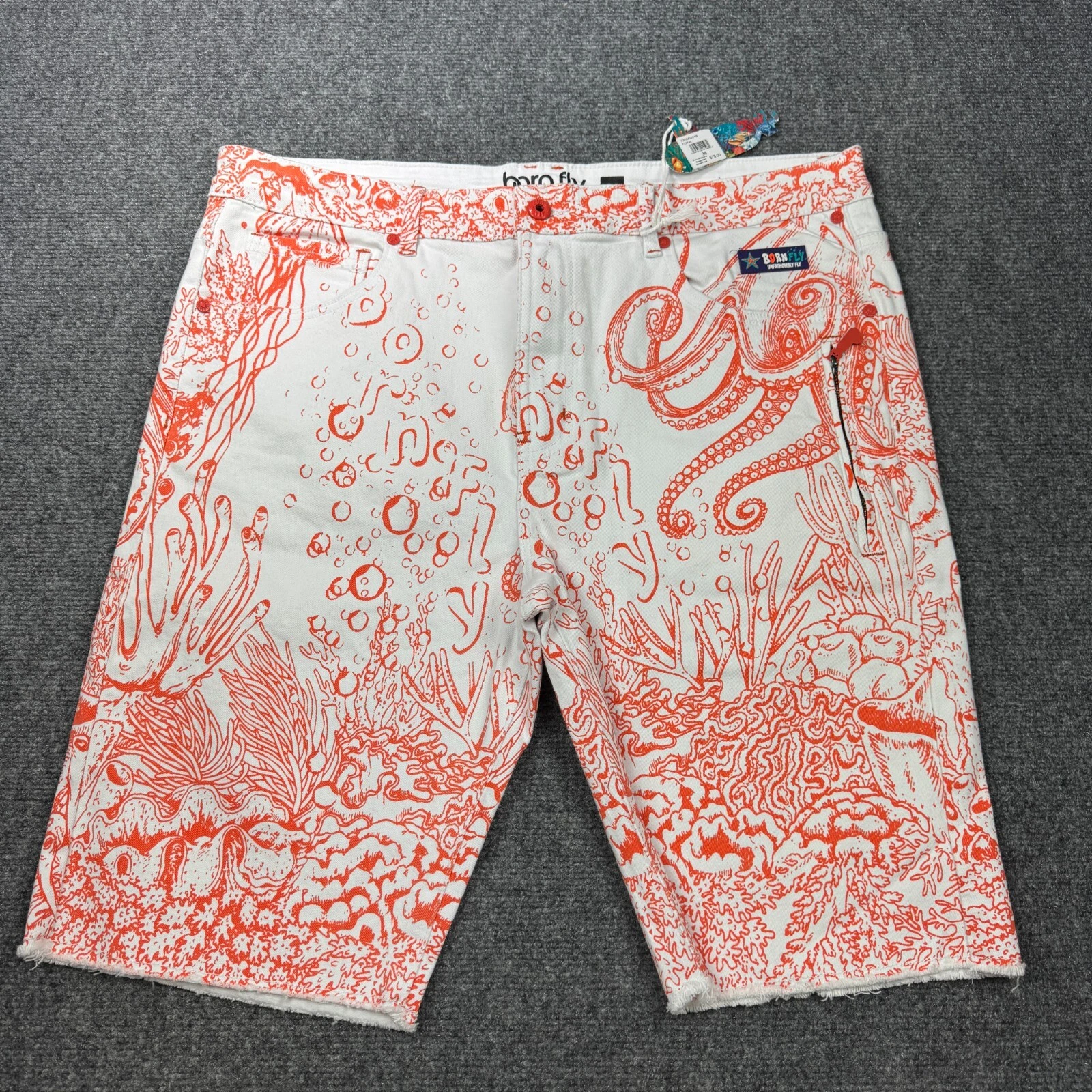 New Born Fly Shorts Mens 38 White Orange Coral Print Chino Mid Rise Raw Hem Flex