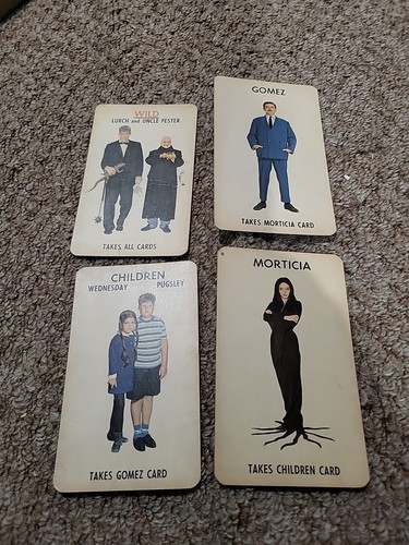 1965 THE ADDAMS FAMILY CARD GAME Vintage Set Of 4 Cards Morticia Gomez Wednesday