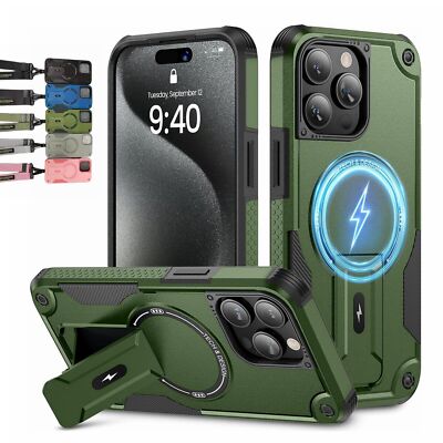 For iPhone 15 Pro Max 14 13 12 Pro Magnetic Shcokproof Rugged Case Cover + Strap
