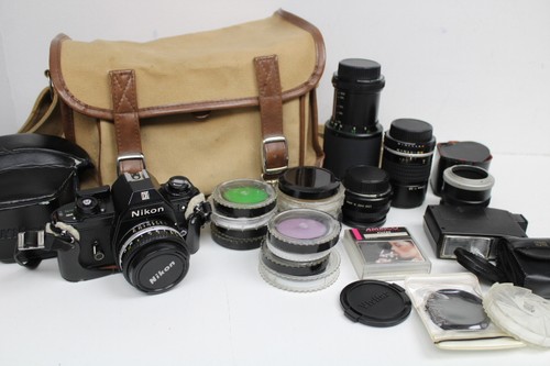 Vtg Nikon EM 35mm Film Camera Lot Carrying Case Lens Flash Filters Zoom ...
