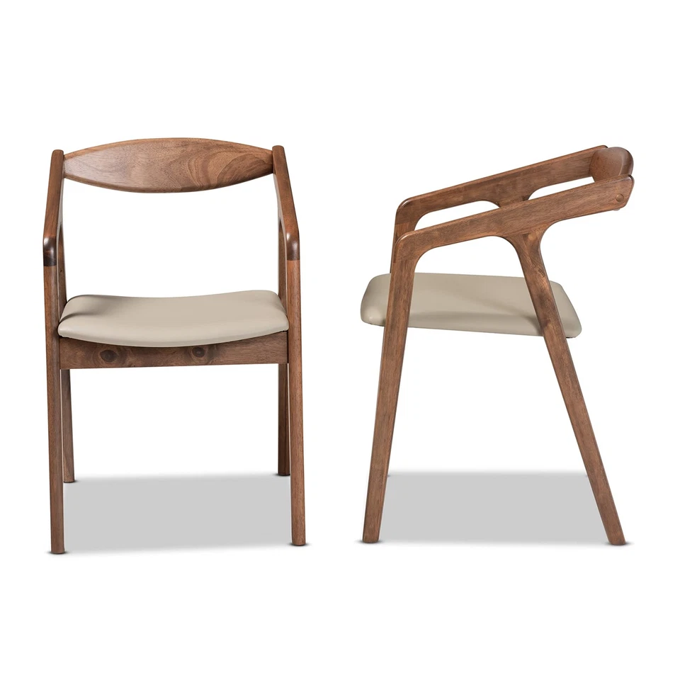 Juego de sillas de comedor Harland tapizadas de cuero sintético gris y marrón nogal Foto 3 de 4