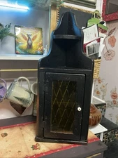 Black Corner Wall-Mounted Medicine Cabinet with Yellow Pane Glass Door 28” Tall