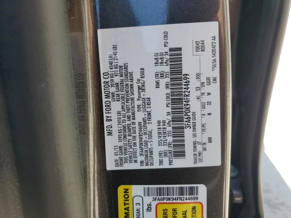 2015 Ford Fusion Rear Right Door Panel Trim Black OEM Used 136K Miles Foto 4 de 4