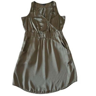 Banana Republic 10 Silk Dress Olive Green Elastic Waist Pockets Wrap Sleeveless