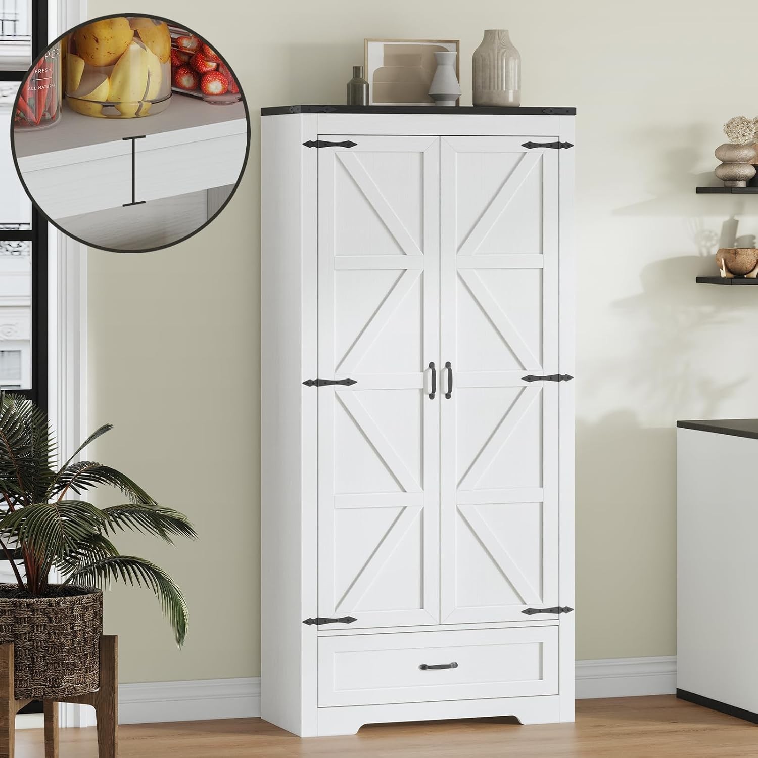Farmhouse Tall Kitchen Pantry Storage Cabinet with Adjustable Shelves